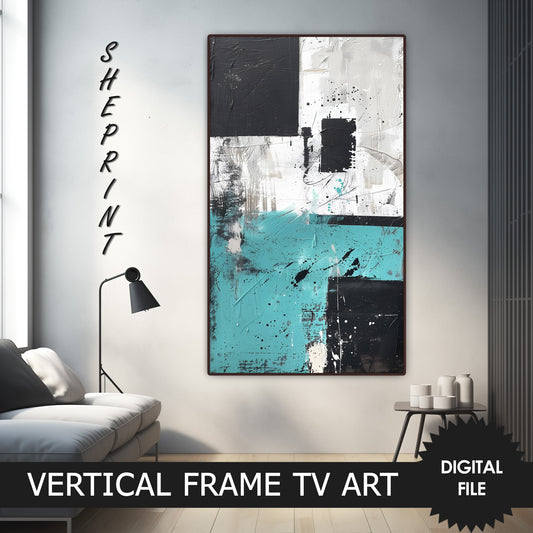 Vertical &amp; Horizontal Frame TV Art, Turquoise, Black, White Geometric Abstract Art. Vertical art preview on Samsung frame TV when mounted vertically.