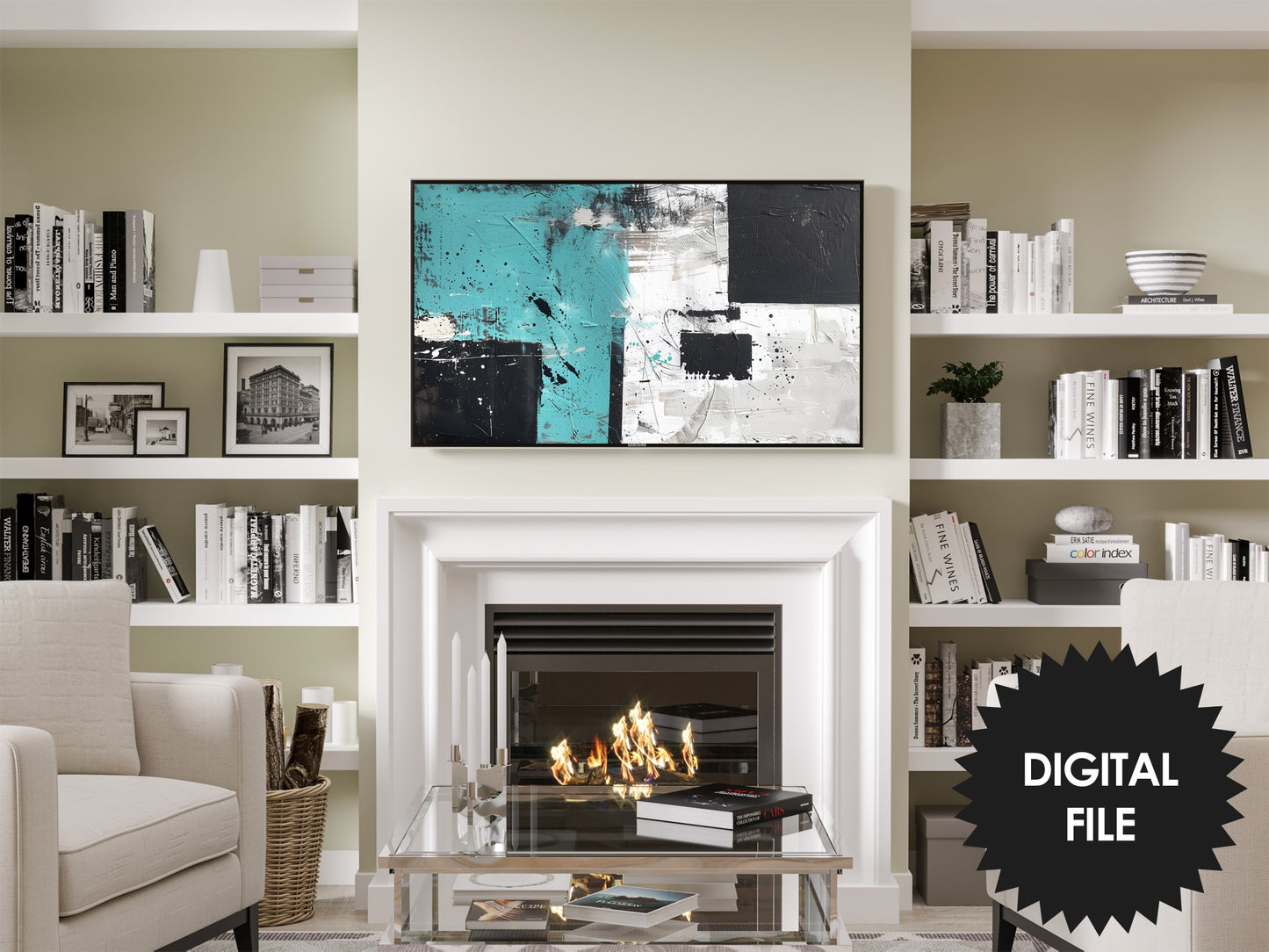 Vertical &amp; Horizontal Frame TV Art, Turquoise, Black, White Geometric Abstract Art. Horizontal art preview in modern black and white living room.