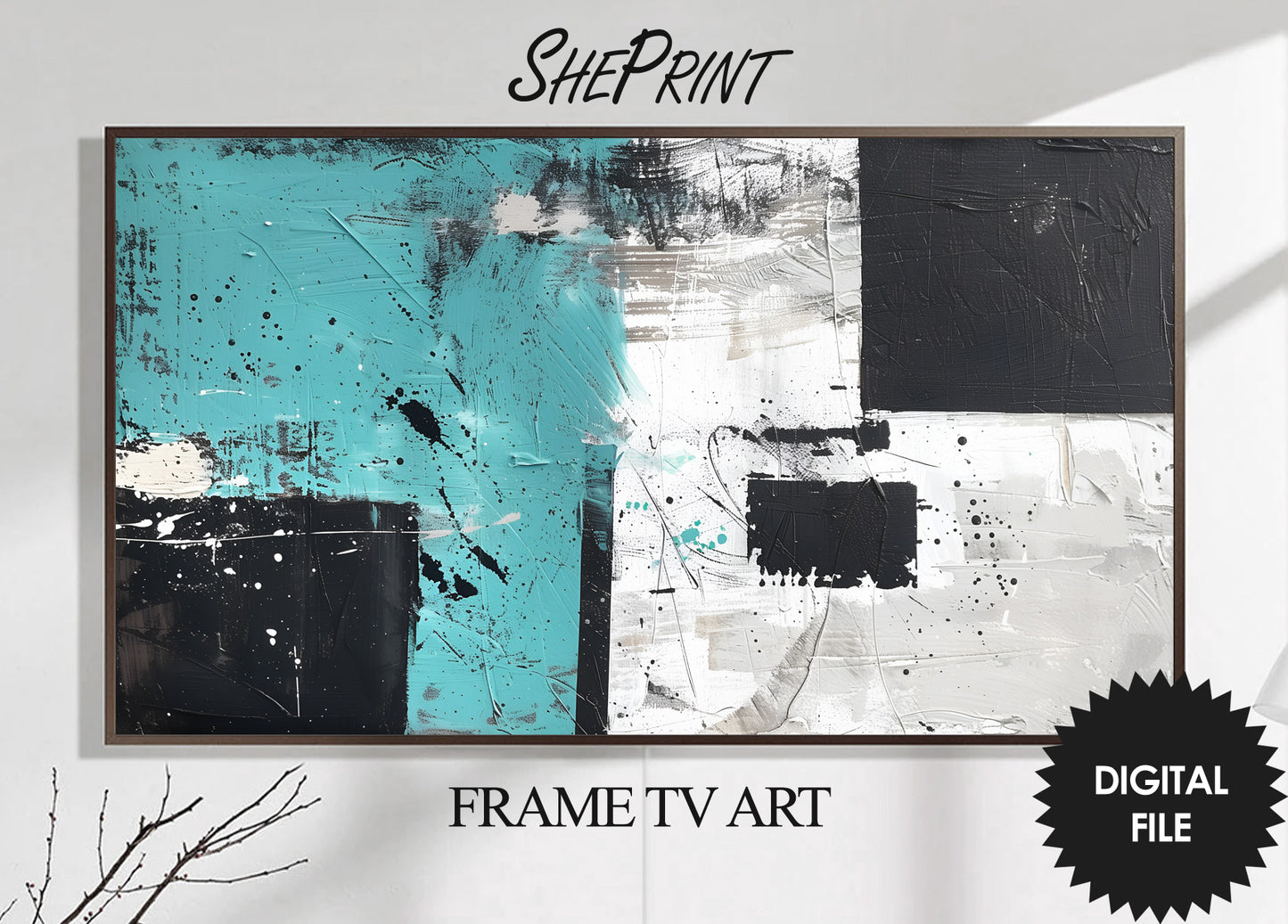 Vertical &amp; Horizontal Frame TV Art, Turquoise, Black, White Geometric Abstract Art. Horizontal art preview on Samsung Frame TV.