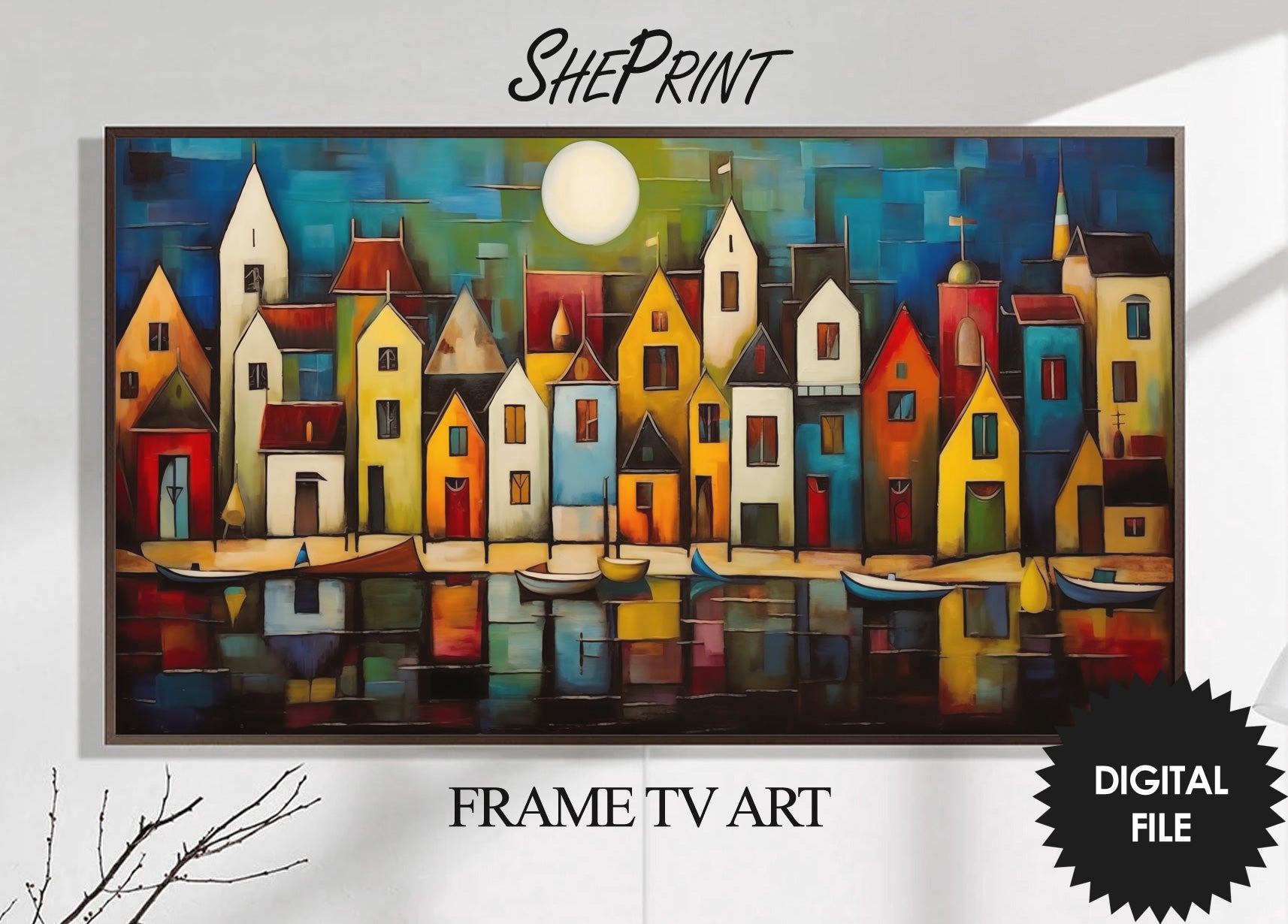 Samsung Frame TV Art Night Town By The Sea Modern Abstract TV Art preview on Samsung Frame TV 