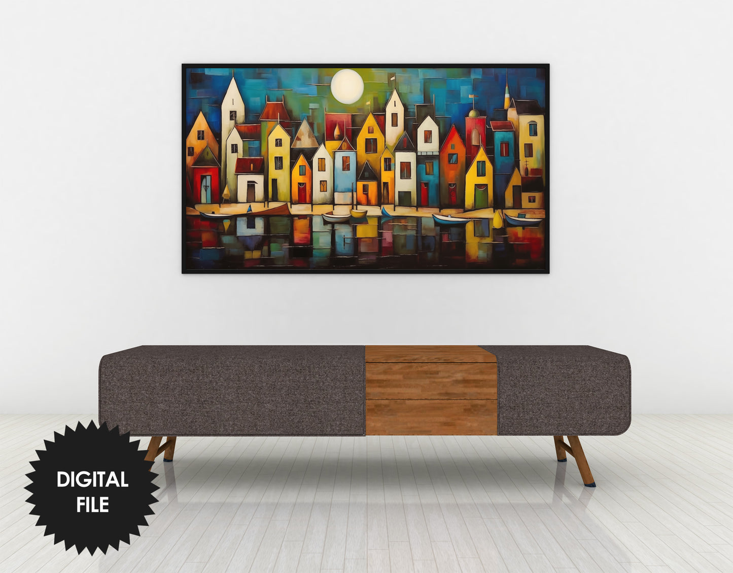 Samsung Frame TV Art Night Town By The Sea Modern Abstract TV Art close view in modern ambience