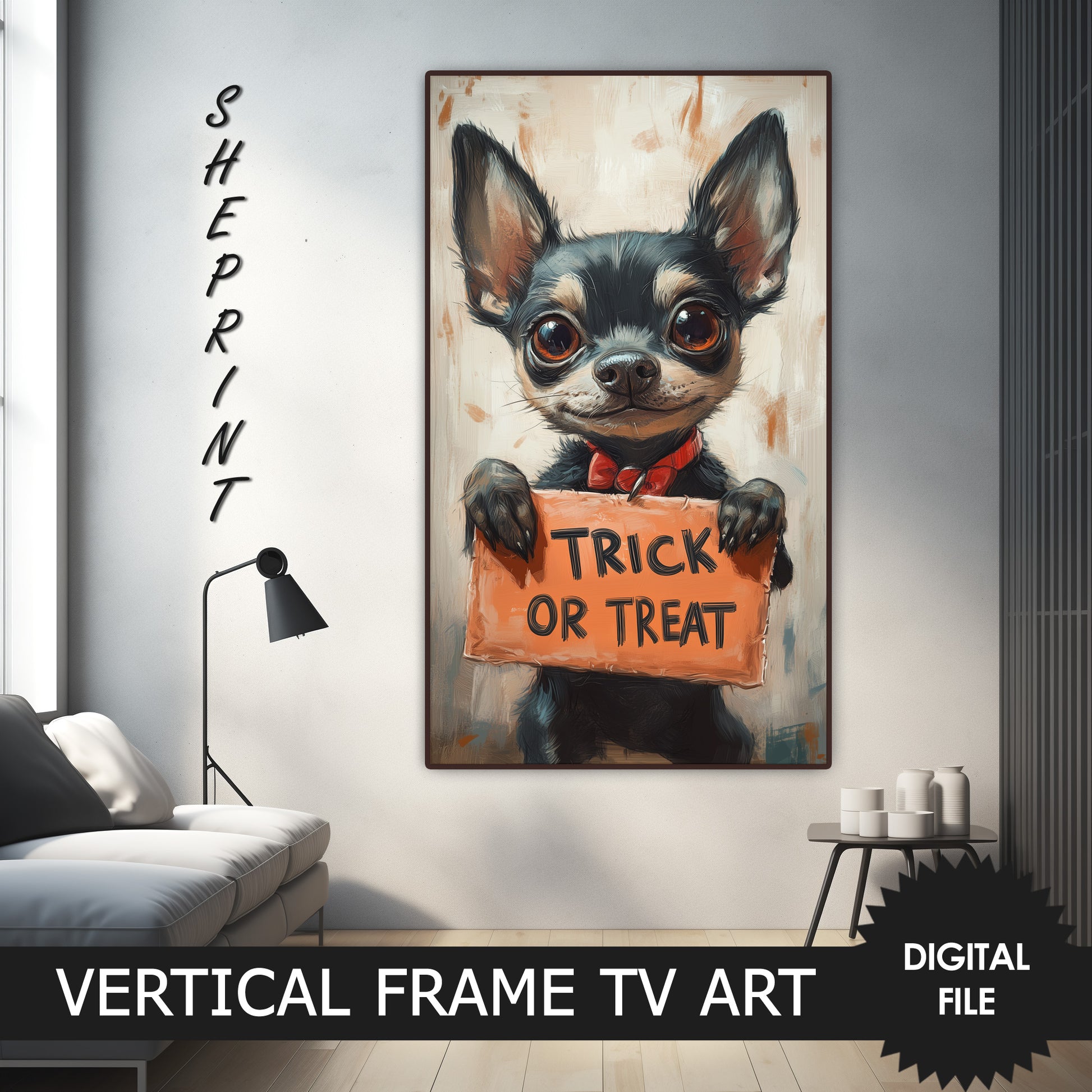 Samsung Vertical Frame TV Art, Cute Halloween Dog Holding Sign Trick Or Treat preview