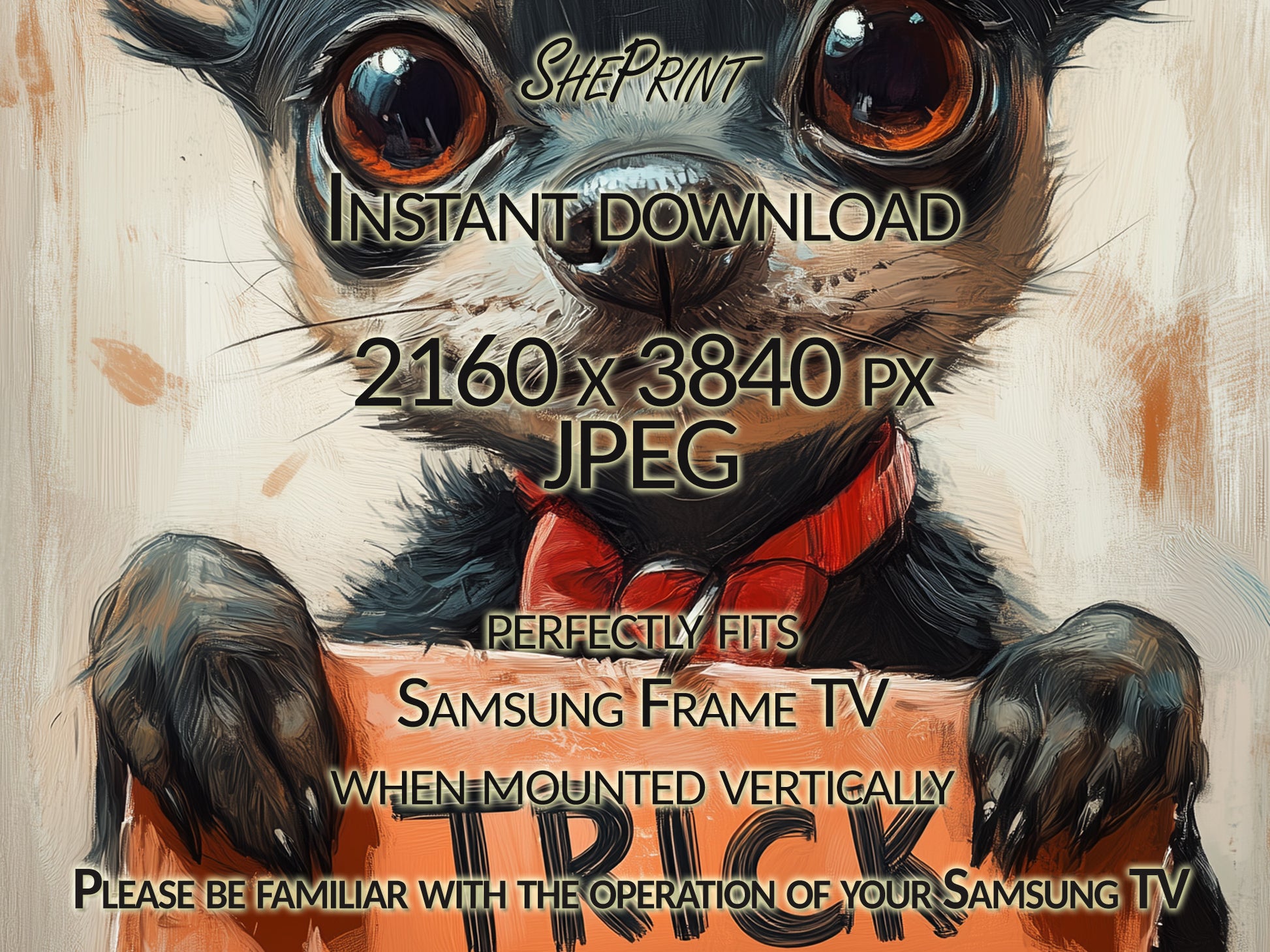 Samsung Vertical Frame TV Art, Cute Halloween Dog Holding Sign Trick Or Treat close up view