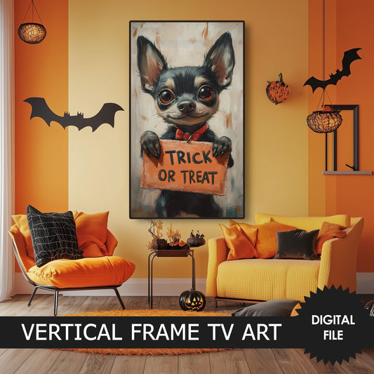 Samsung Vertical Frame TV Art, Cute Halloween Dog Holding Sign Trick Or Treat preview in Halloween room