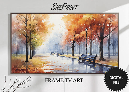 Autumn Park Watercolor Frame TV Art | Digital TV Art | Digital Painting | Instant Download