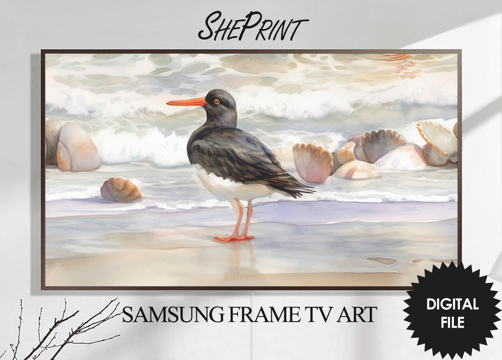 Samsung Frame TV Art Bird On Beach | Summer Tv Art | Bird On Wavy Beach Watercolor | 3840x2160 px JPEG | Digital TV Art | Instant Download