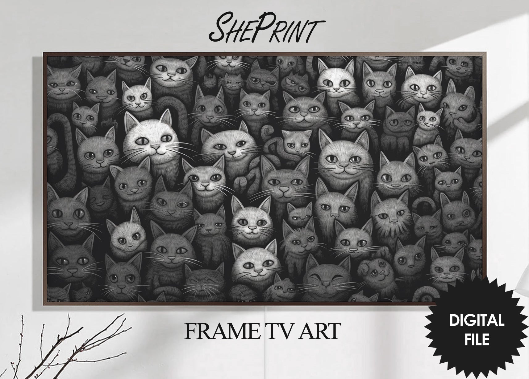 Samsung Frame TV Art, Kitties In The Dark, Abstract Art, Black and White Art, Digital TV Art, Instant Download