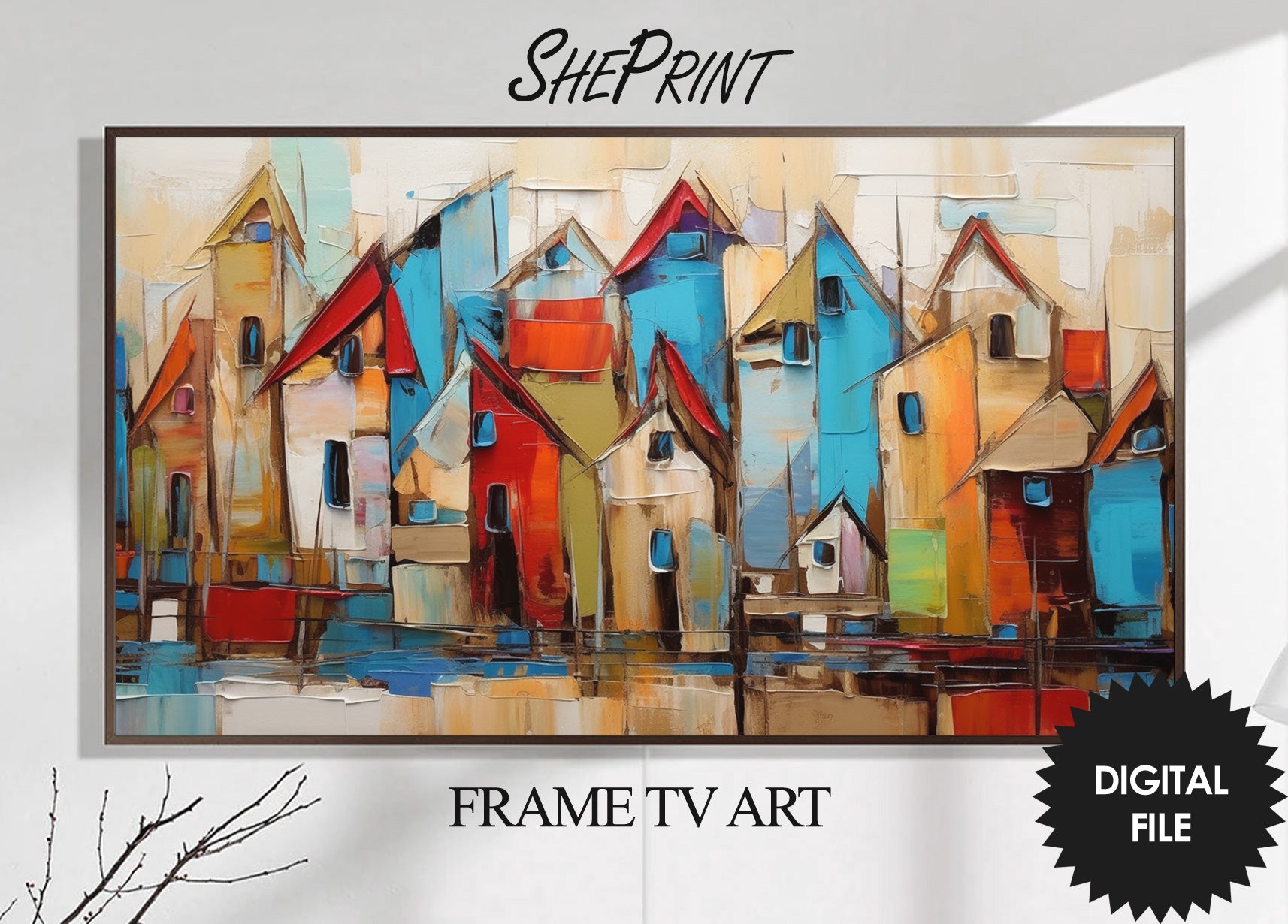 Samsung Frame TV Art Coastal Town Abstract Painting | 3840x2160 pixels JPEG | Digital TV Art | Instant Download