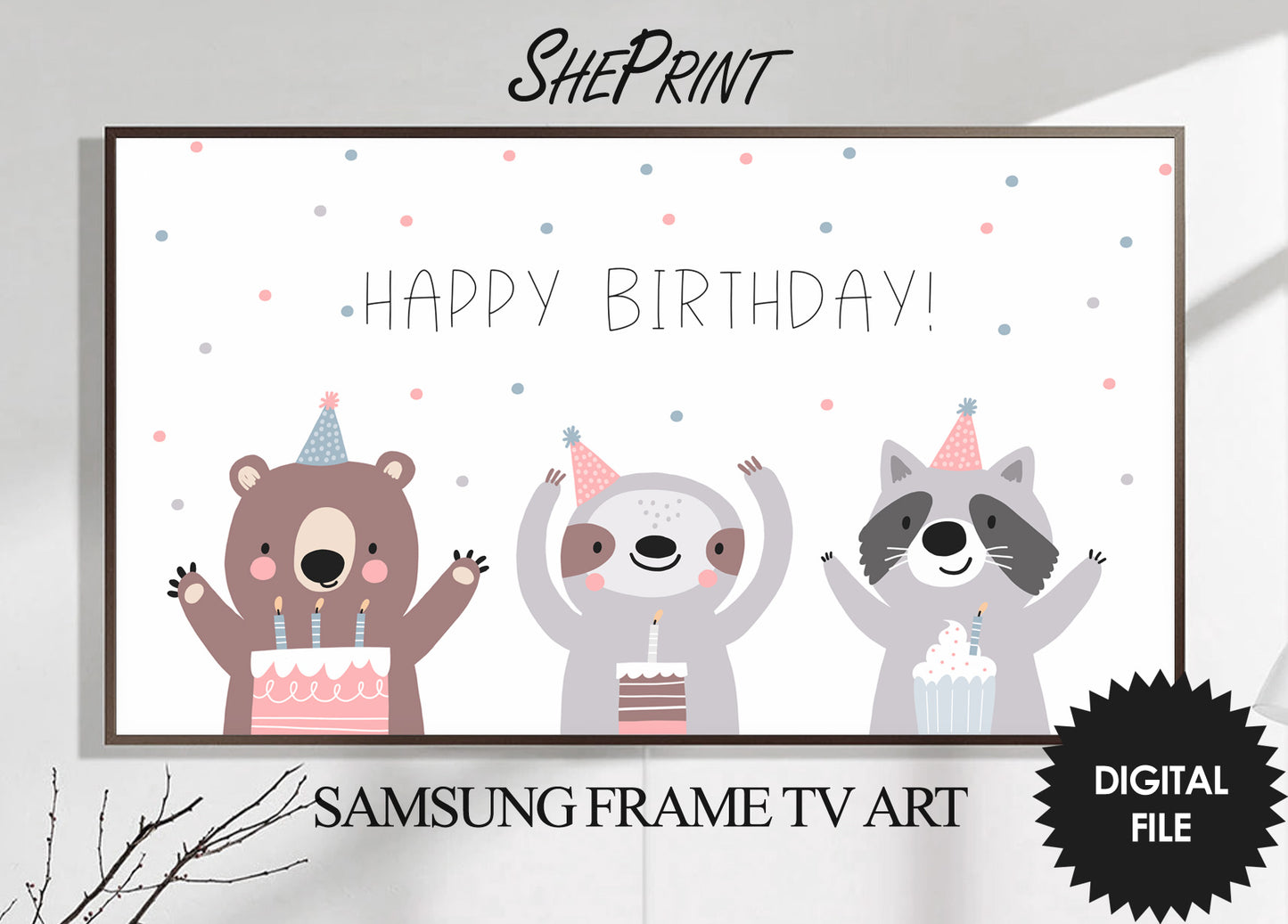 Samsung Frame TV Art For Kids | Happy Birthday | Cute Animals Boho Style | Digital TV Art | 3840 x 2160 pixels JPEG | Instant Download