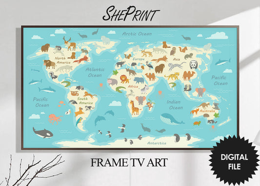 Frame TV Art For Kids | Animal World Map | Educational Art | Fauna World Map Kids | Digital TV Art | Instant Download
