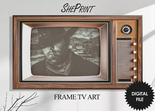 Samsung Frame TV Art Retro Tv | Old West Cowboy | Antique Old Television Wooden Case | 3840x2160 px JPEG | Digital TV Art | Instant Download