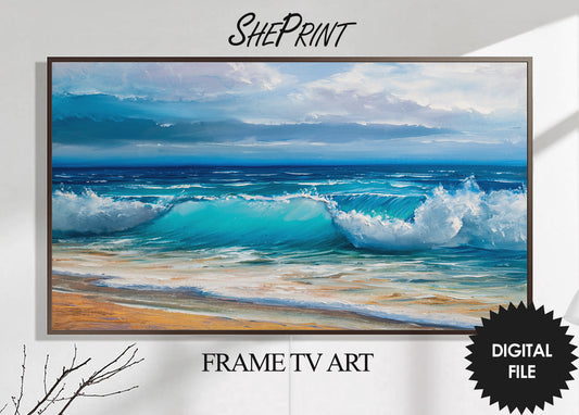 Samsung Frame TV Art Windy Day On Beach | Coastal Seascape Tv Art | Oil Painting | 3840x2160 pixels JPEG | Digital TV Art | Instant Download