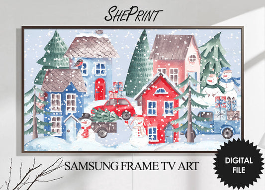 Frame TV Art Christmas City | Winter Art for Kids | Winter Houses Watercolor | Digital TV Art | Instant Download