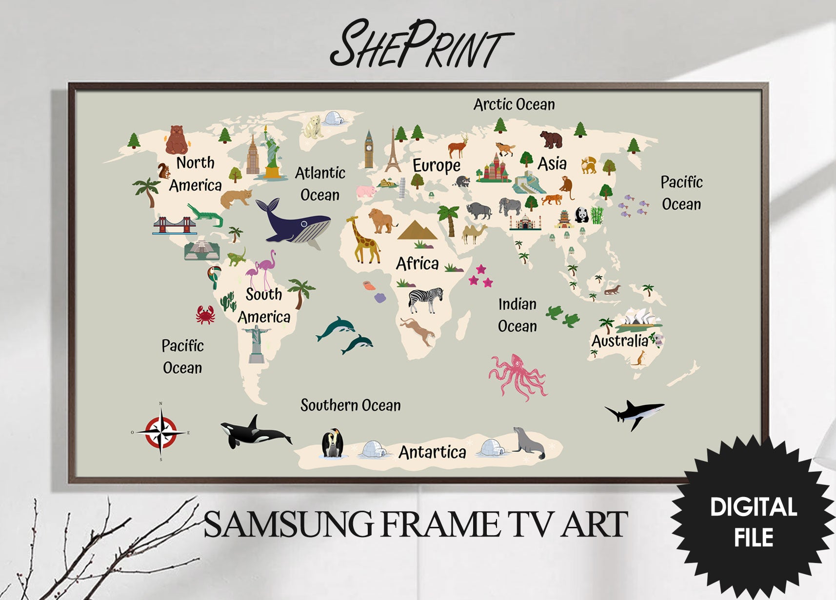 Samsung Frame TV Art Kids | Animal World Map | Educational Art | Digital TV Art | Frame TV Art for Kids | Instant Download