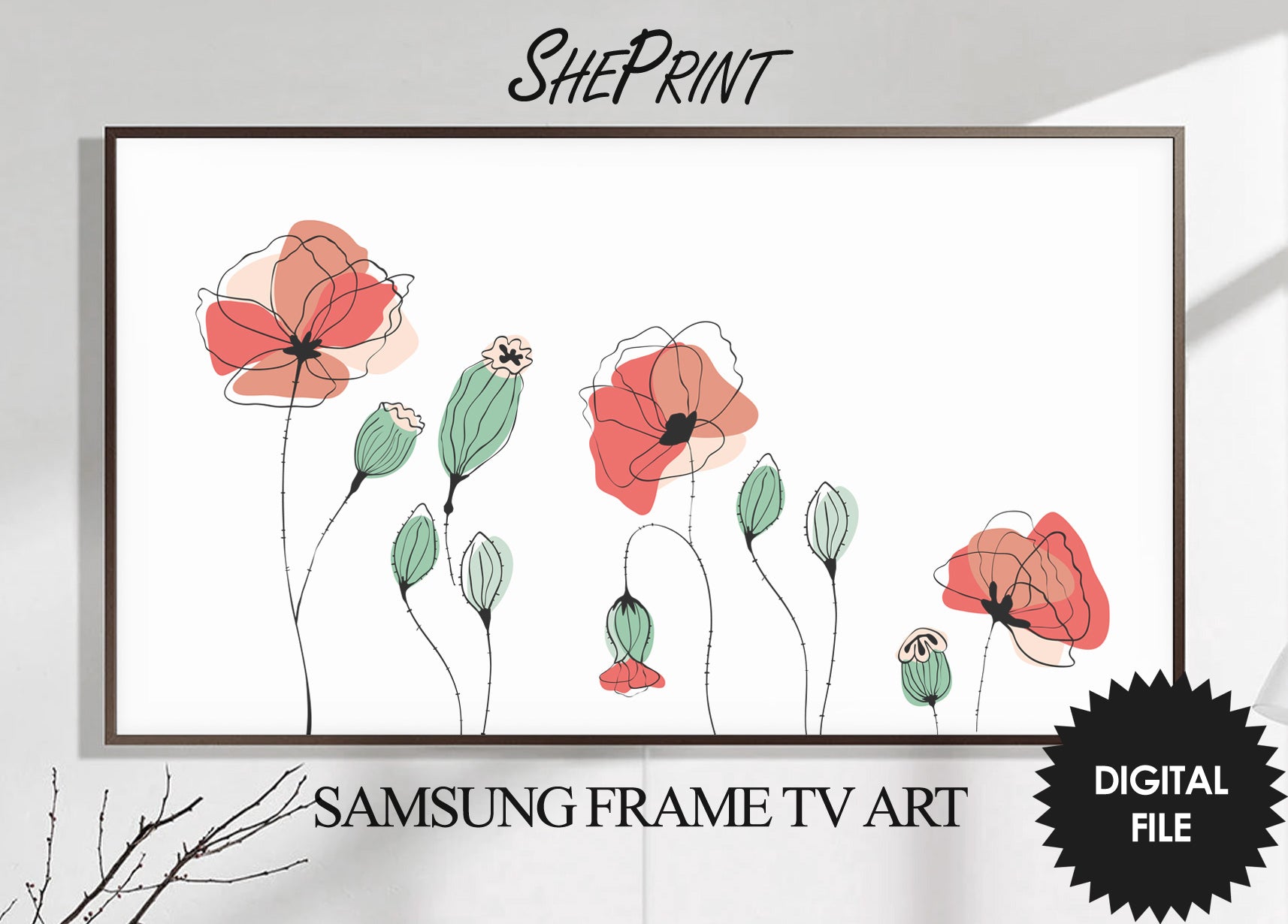 Samsung Frame TV Art Poppies | Simple Red Poppy Tv Art | Abstract Line Art With Color | 3840x2160px JPEG | Digital TV Art | Instant Download