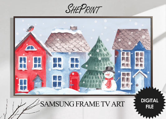 Samsung Frame TV Art Winter City | Christmas TV Art | Winter Houses Watercolor | Digital TV Art | Instant Download