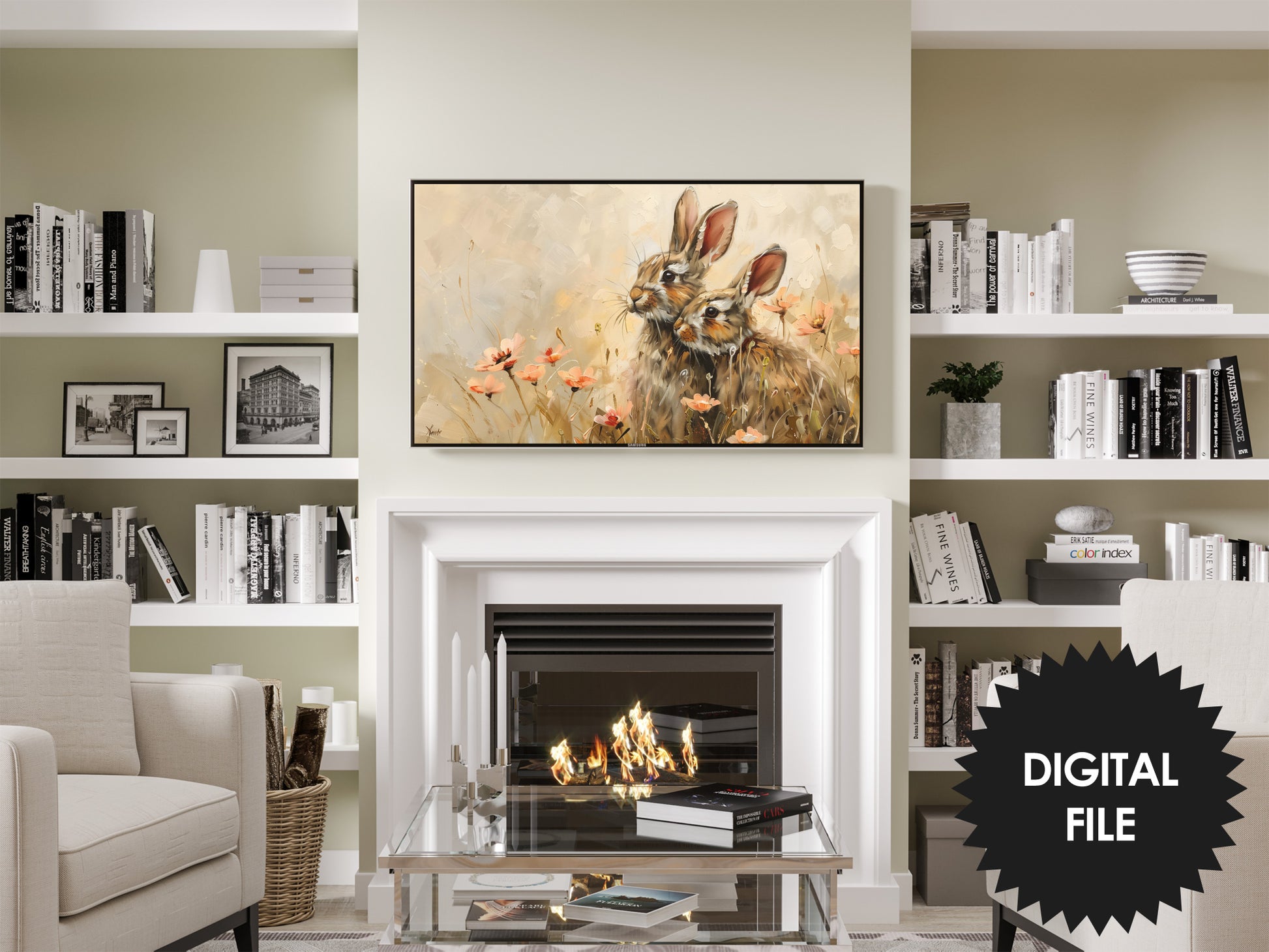 Two Cute Easter Bunnies Samsung Frame TV Art  preview in modern living room.