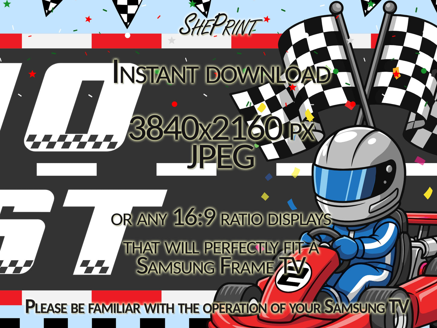 Two Fast Samsung Frame TV Art | Happy Birthday Racing Car Art For Boys Set of 2. Dark blue version close up view