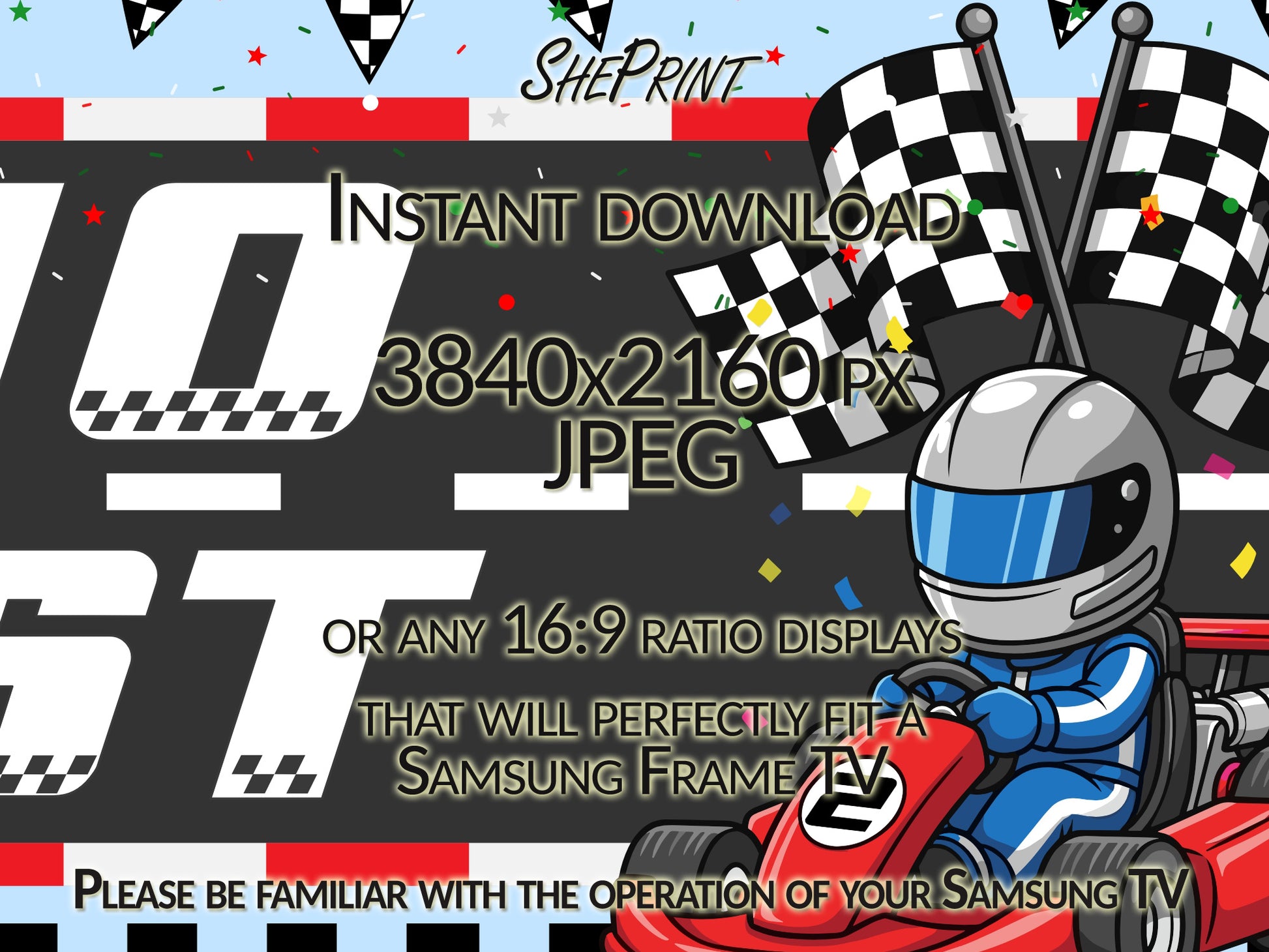 Two Fast Samsung Frame TV Art | Happy Birthday Racing Car Art For Boys Set of 2. Dark blue version close up view