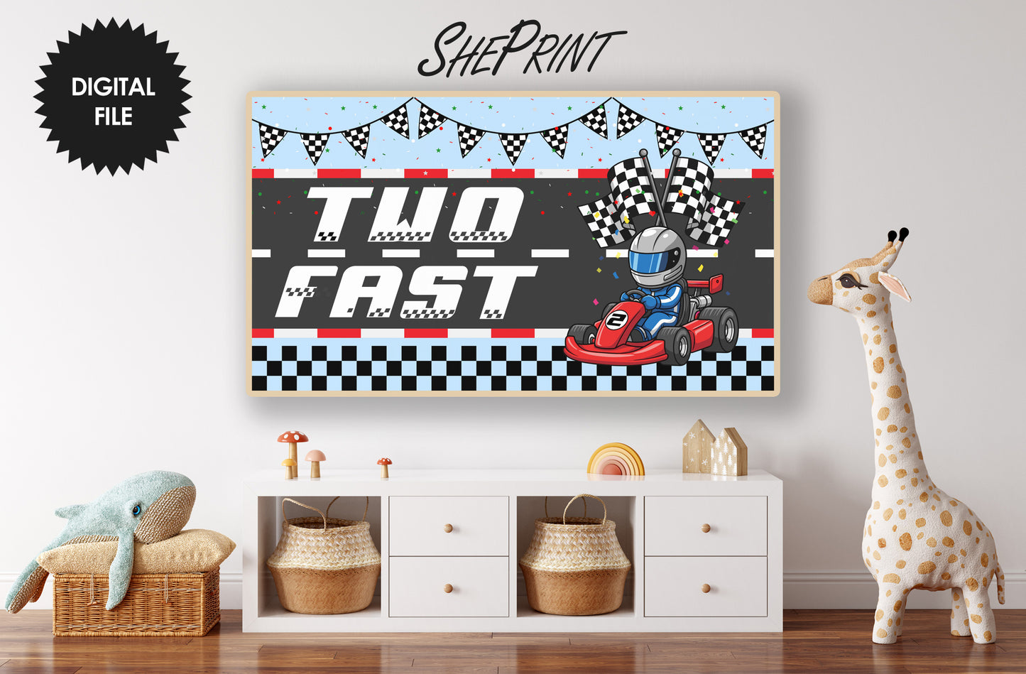 Two Fast Samsung Frame TV Art | Happy Birthday Racing Car Art For Boys Set of 2. Dark blue version preview. Kids room