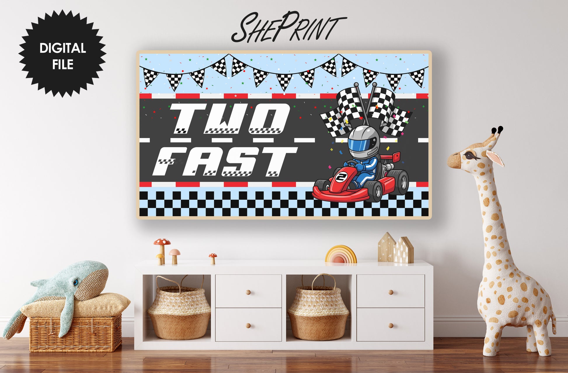 Two Fast Samsung Frame TV Art | Happy Birthday Racing Car Art For Boys Set of 2. Dark blue version preview. Kids room