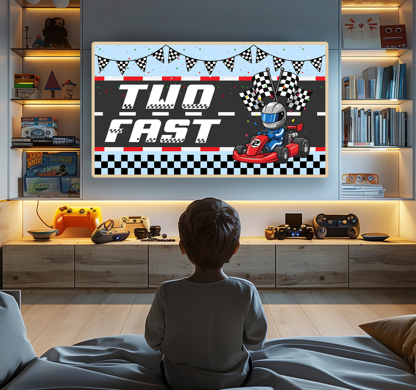 Two Fast Samsung Frame TV Art | Happy Birthday Racing Car Art For Boys Set of 2. Dark blue version preview. Boys room.