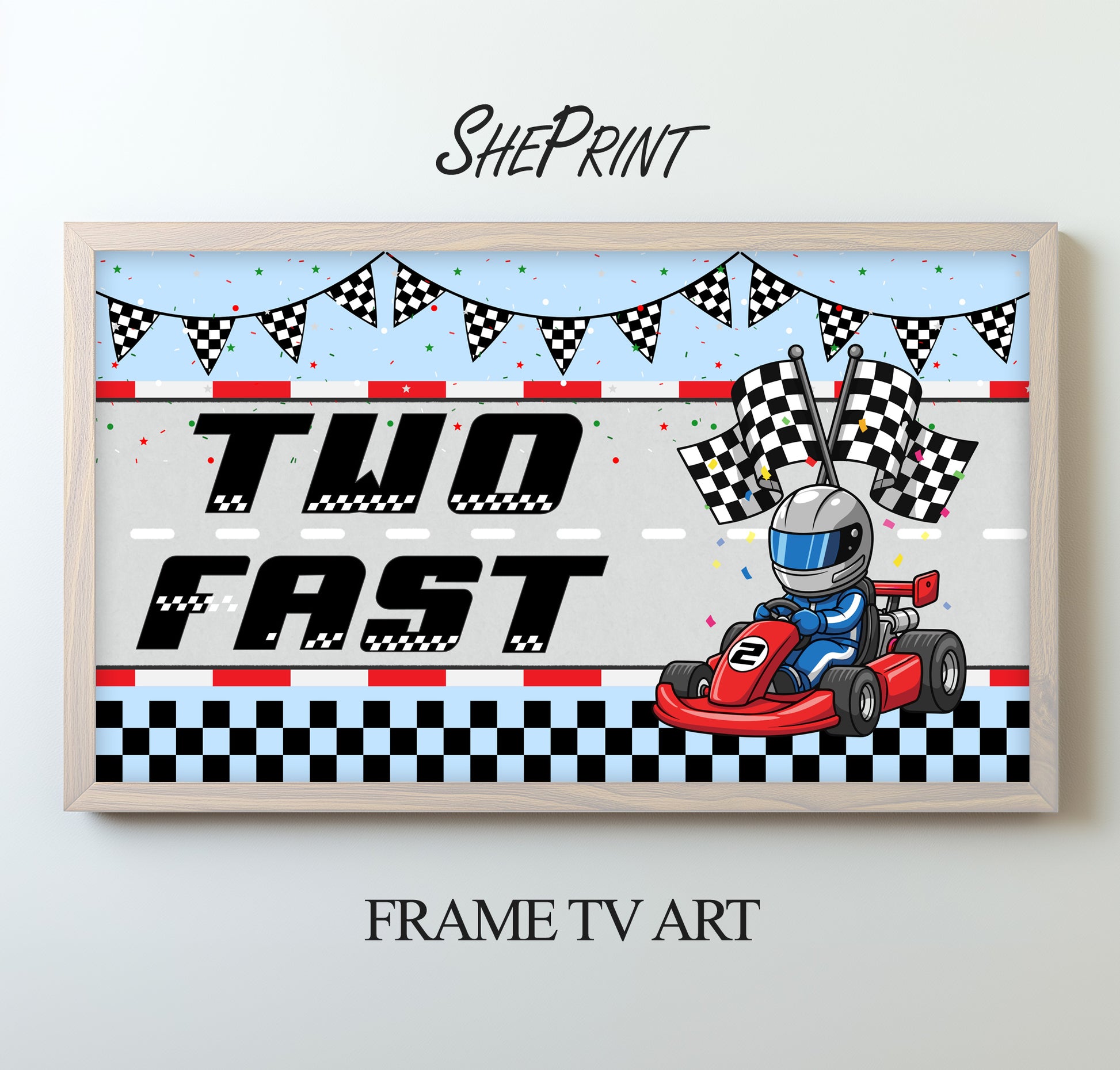 Two Fast Samsung Frame TV Art | Happy Birthday Racing Car Art For Boys Set of 2. Light blue version preview.