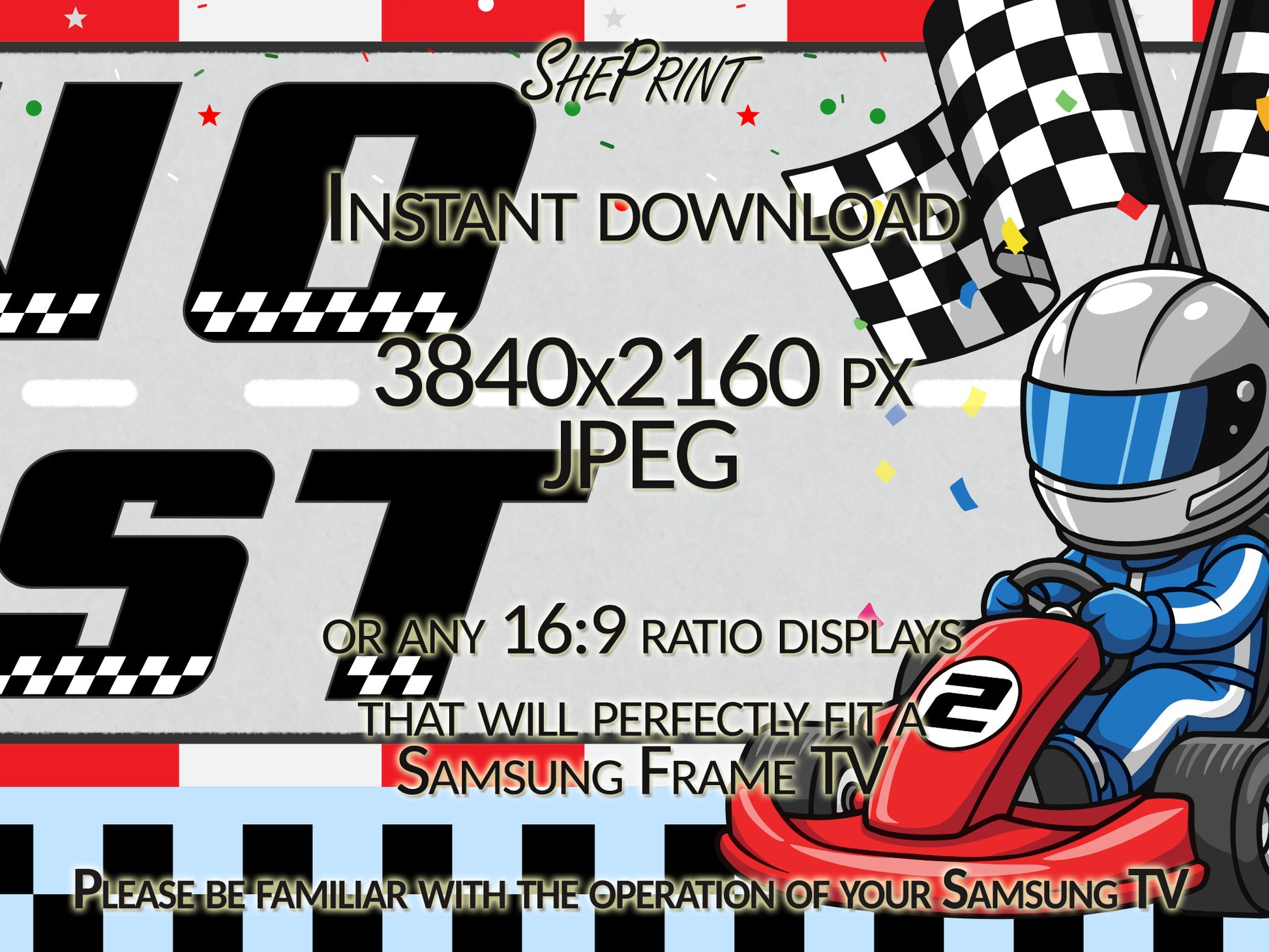 Two Fast Samsung Frame TV Art | Happy Birthday Racing Car Art For Boys Set of 2. Light blue version close up view