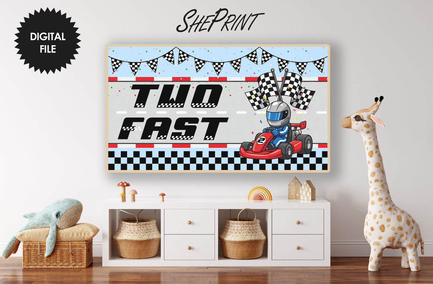 Two Fast Samsung Frame TV Art | Happy Birthday Racing Car Art For Boys Set of 2. Light blue version preview.Kids room.