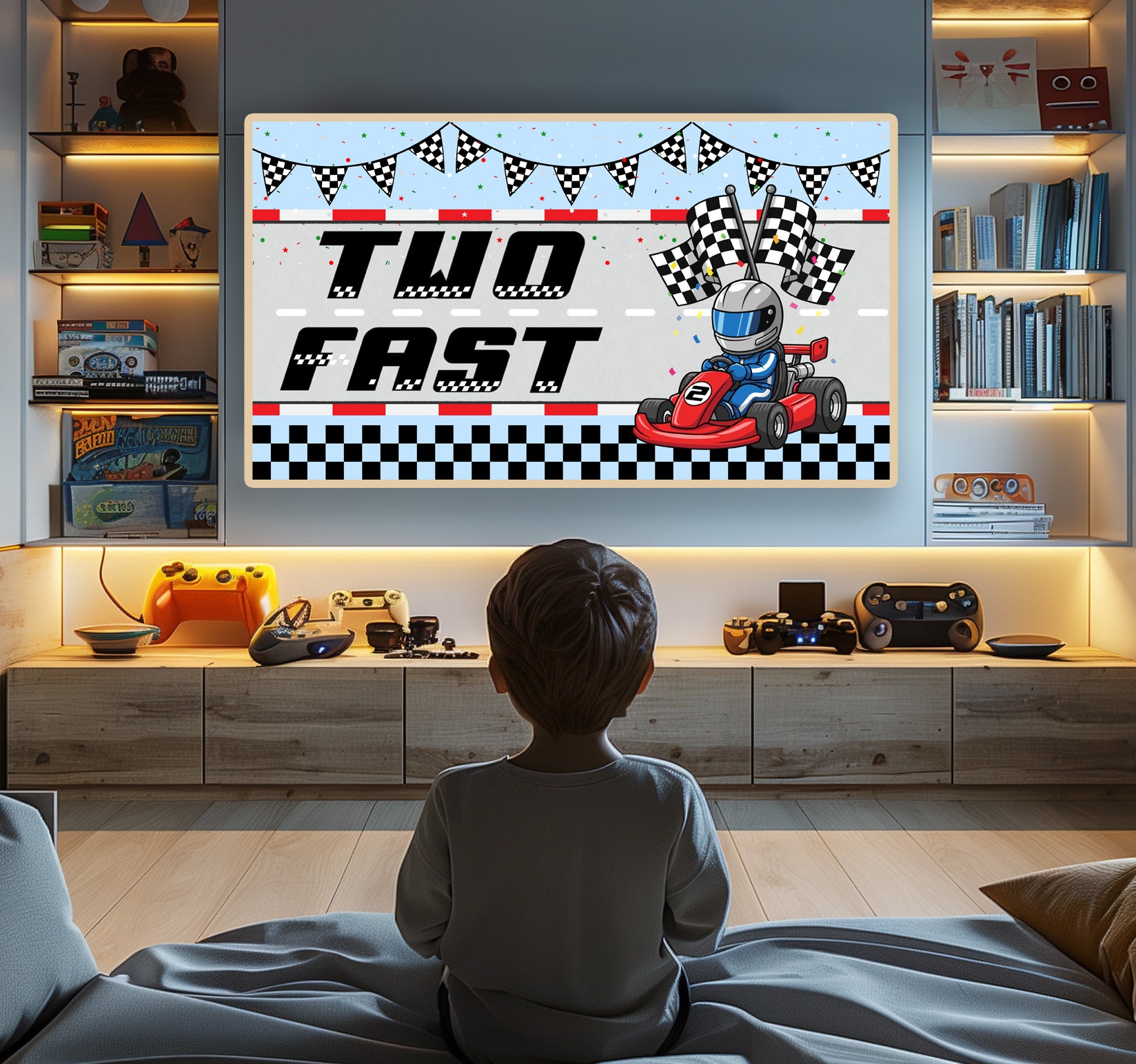 Two Fast Samsung Frame TV Art | Happy Birthday Racing Car Art For Boys Set of 2. Light blue version preview. Boys room.