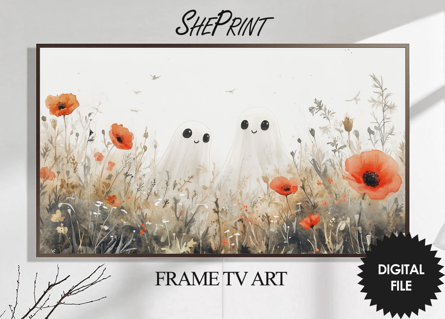 Halloween Frame TV Art | Two Cute Ghosts In Field Watercolor Art preview