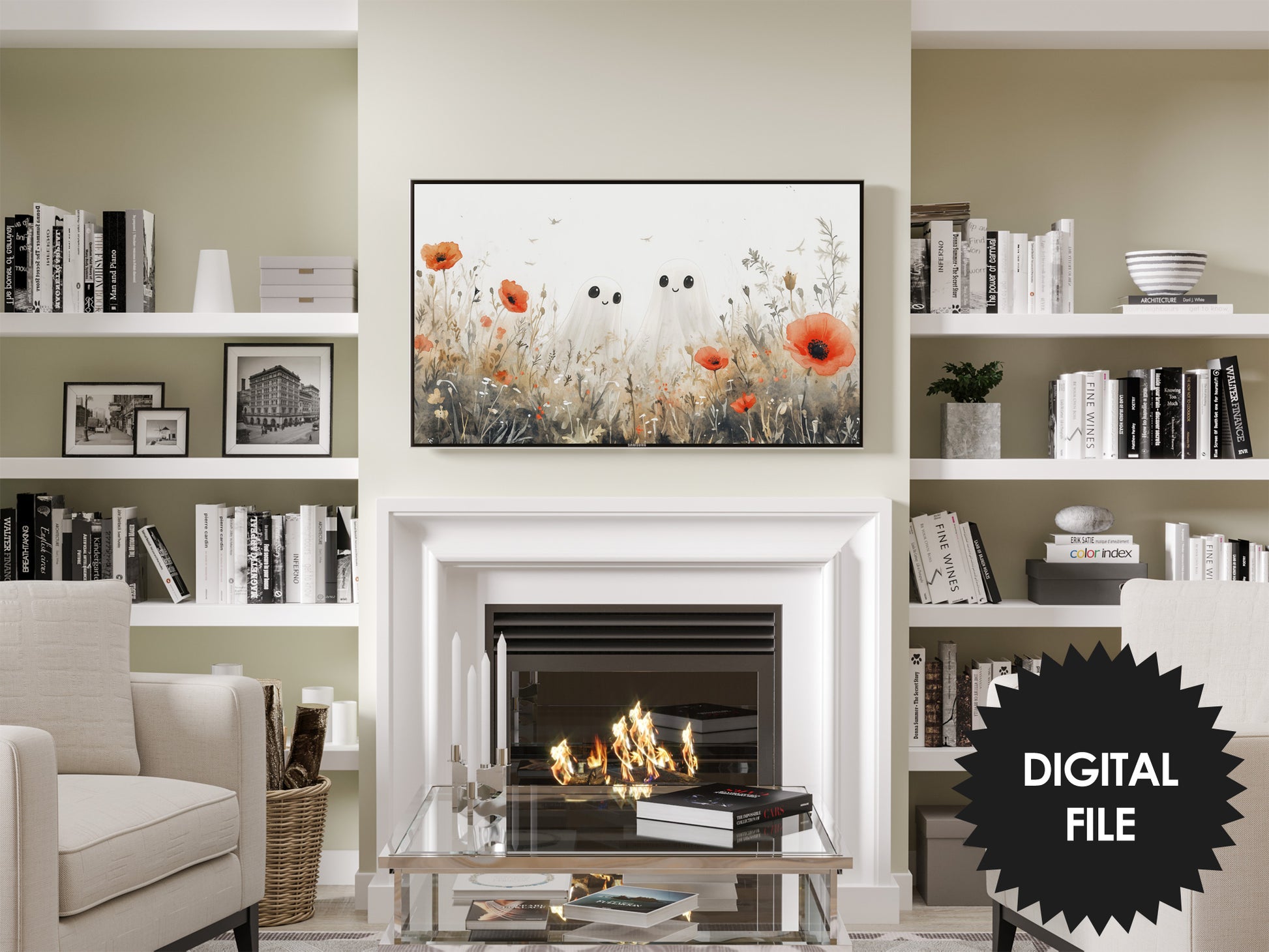 Halloween Frame TV Art | Two Cute Ghosts In Field Watercolor Art preview in modern living room