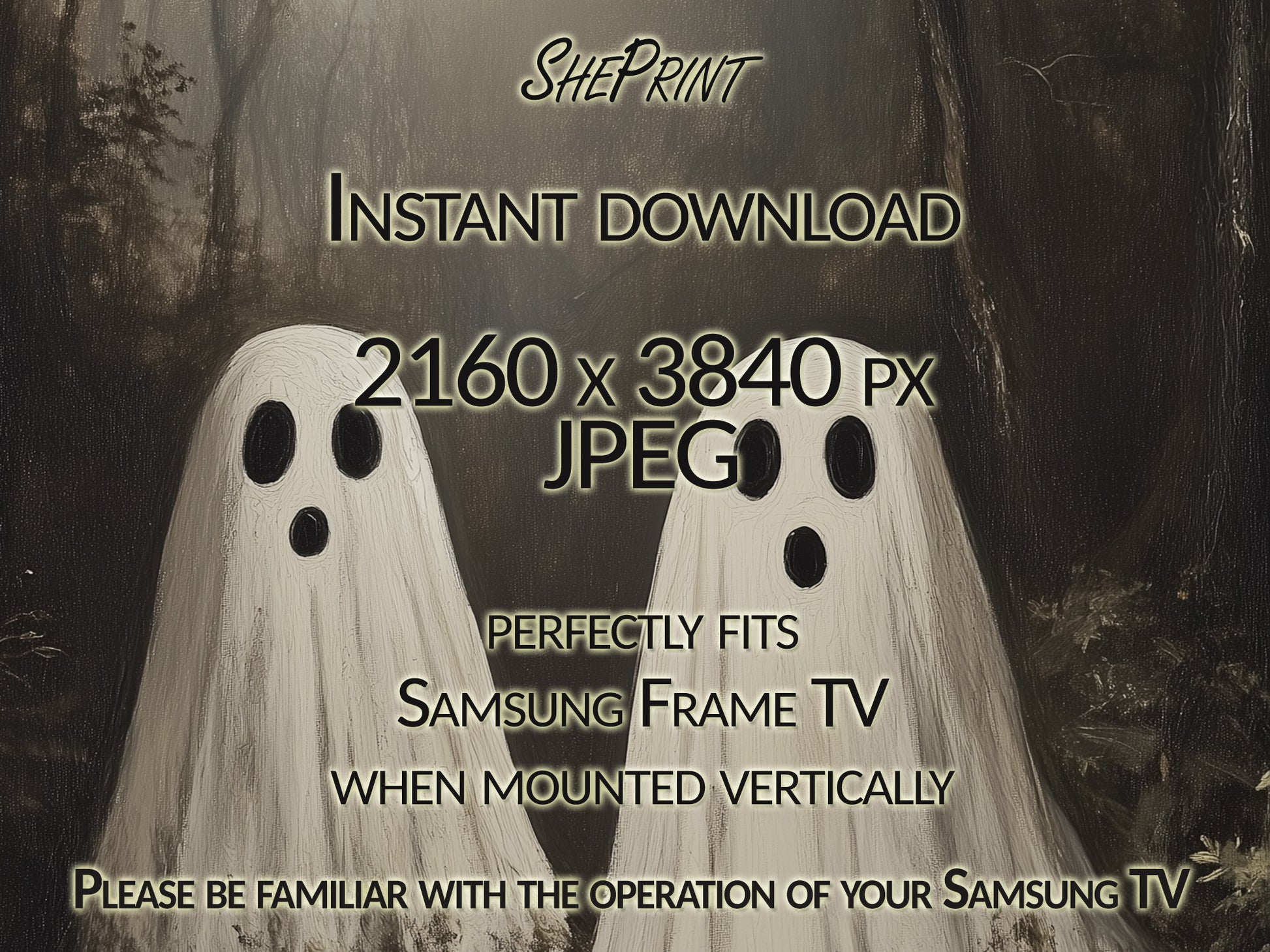 Vertical Frame TV Art, Two Ghosts In The Forest Halloween TV Art, close up view