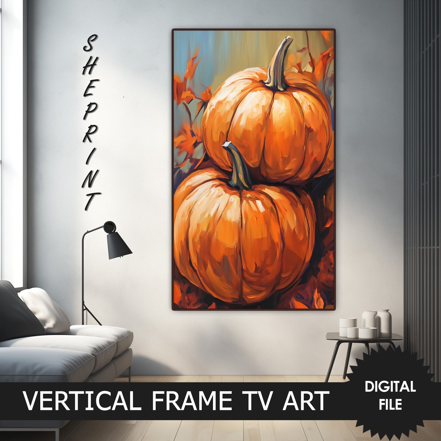 Samsung Vertical Frame TV Art, Two Orange Pumpkins Autumn Thanksgiving Digital Art preview