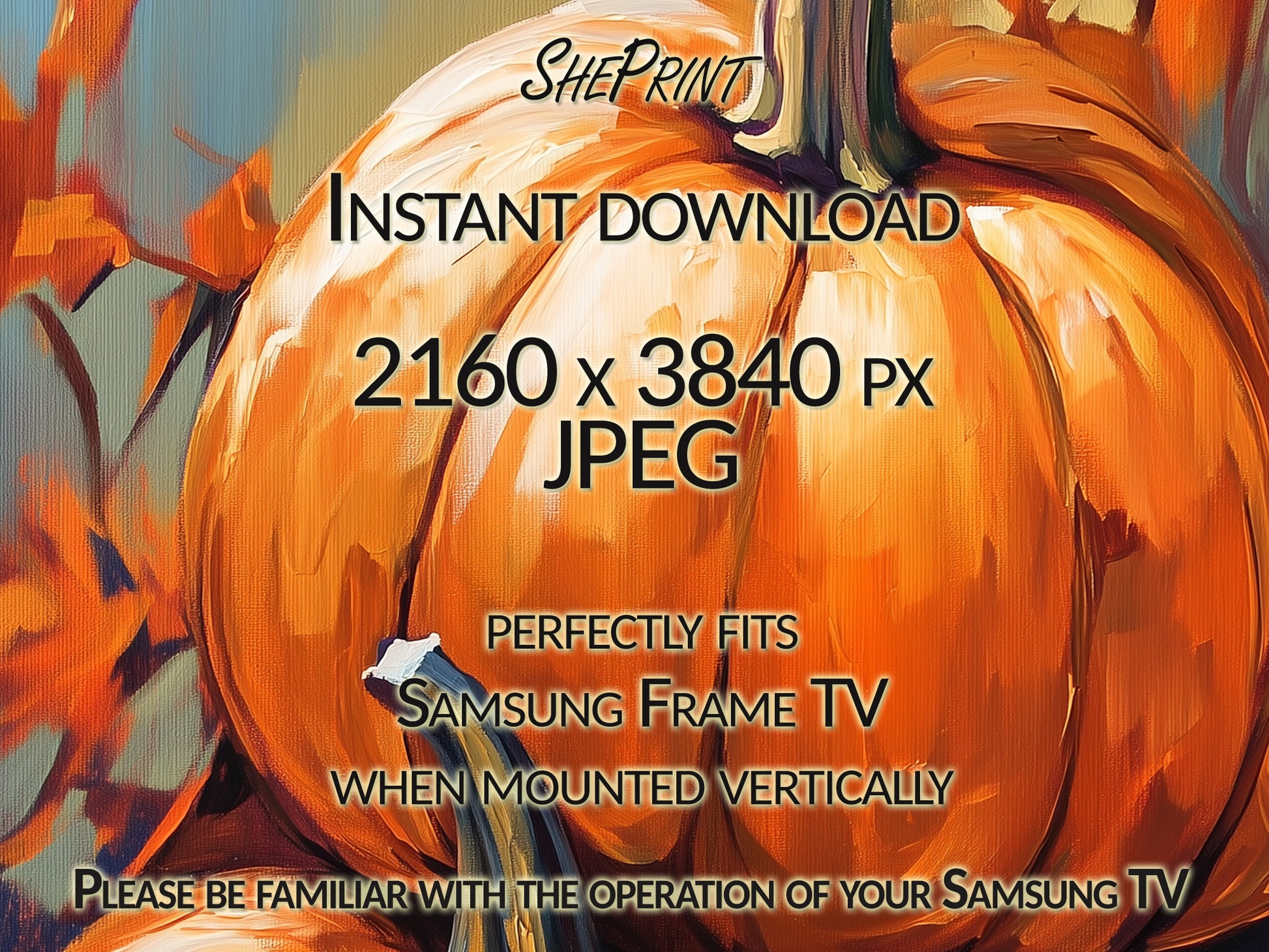 Samsung Vertical Frame TV Art, Two Orange Pumpkins Autumn Thanksgiving Digital Art close up view