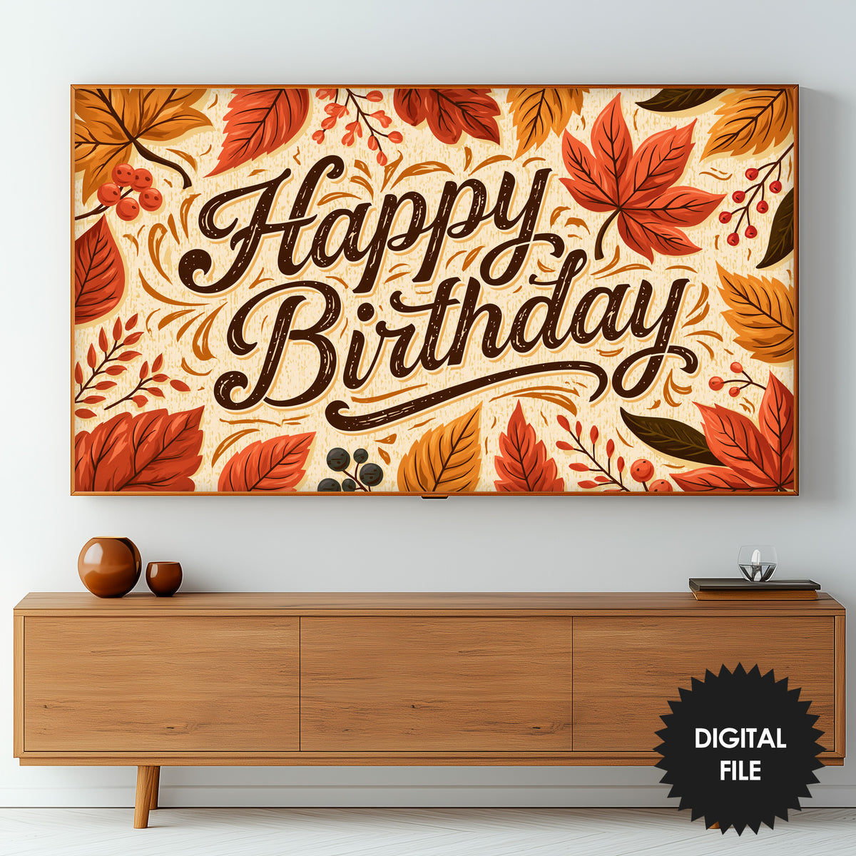 Happy Birthday Fall Frame TV Art | Digital TV Art | 3840 x 2160 pixels JPEG | Instant Download | Preview on screen