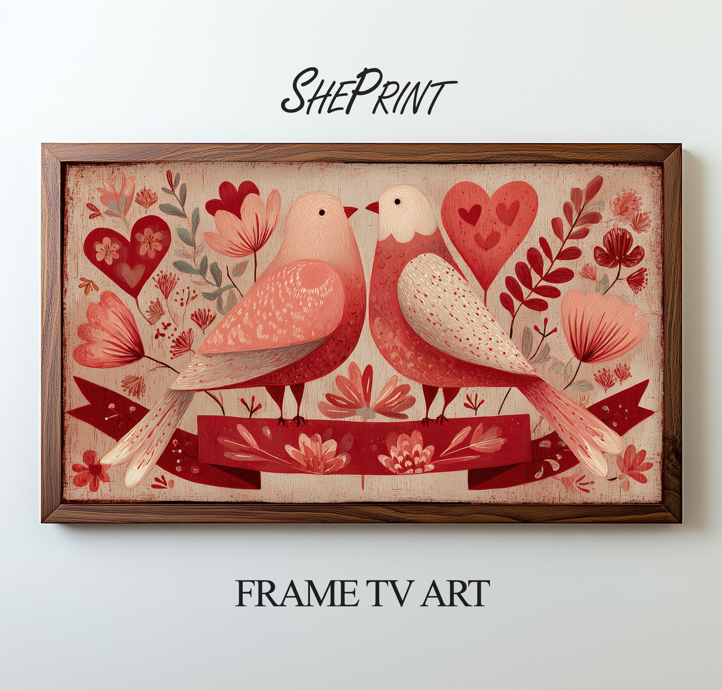 Valentines Day Samsung Frame TV Art | Vintage Naive Folk Birds Painting preview on screen