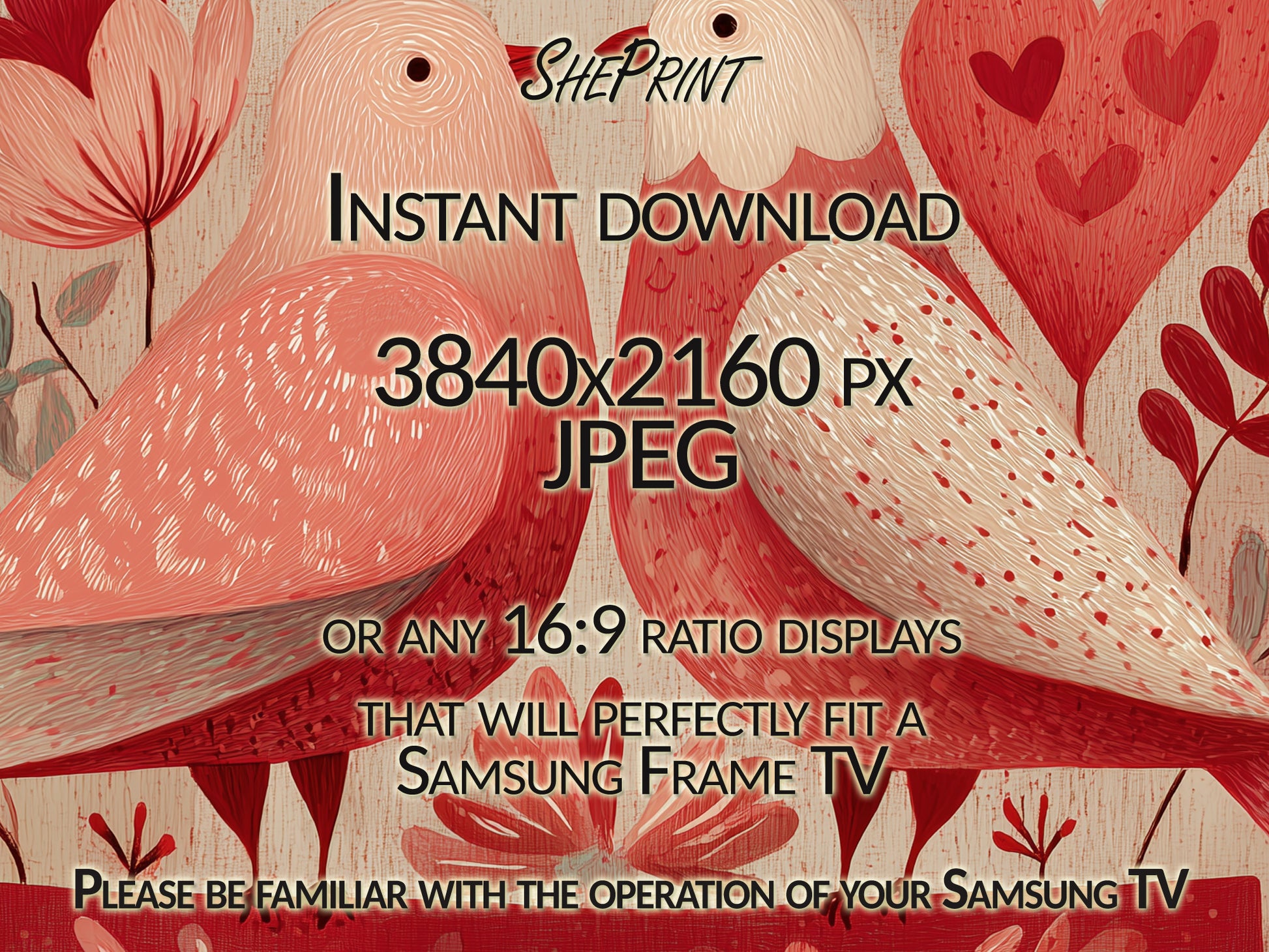 Valentines Day Samsung Frame TV Art | Vintage Naive Folk Birds Painting close up view
