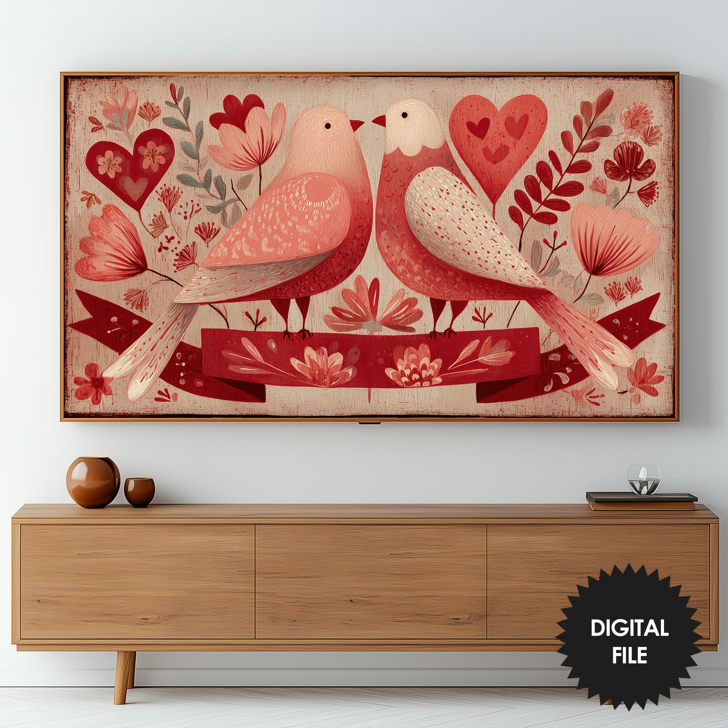 Valentines Day Samsung Frame TV Art | Vintage Naive Folk Birds Painting preview 2