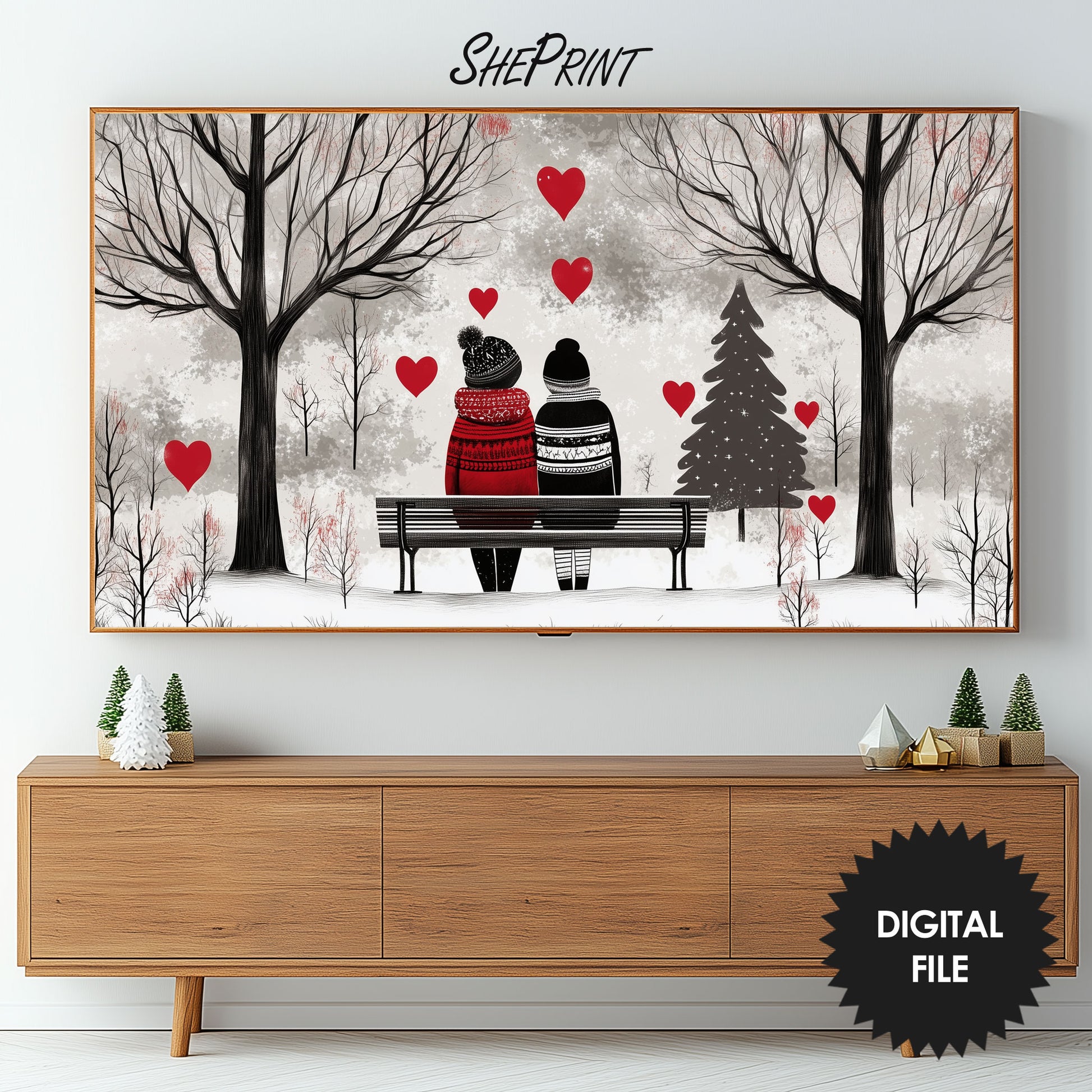 Frame TV Art Cute Valentine's Couple On Bench preview on screen