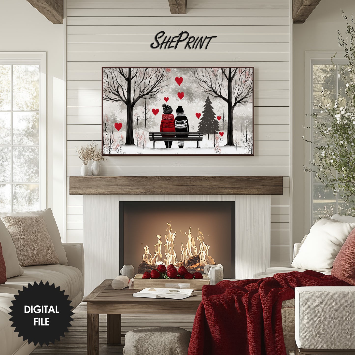 Frame TV Art Cute Valentine's Couple On Bench preview in white modern living room