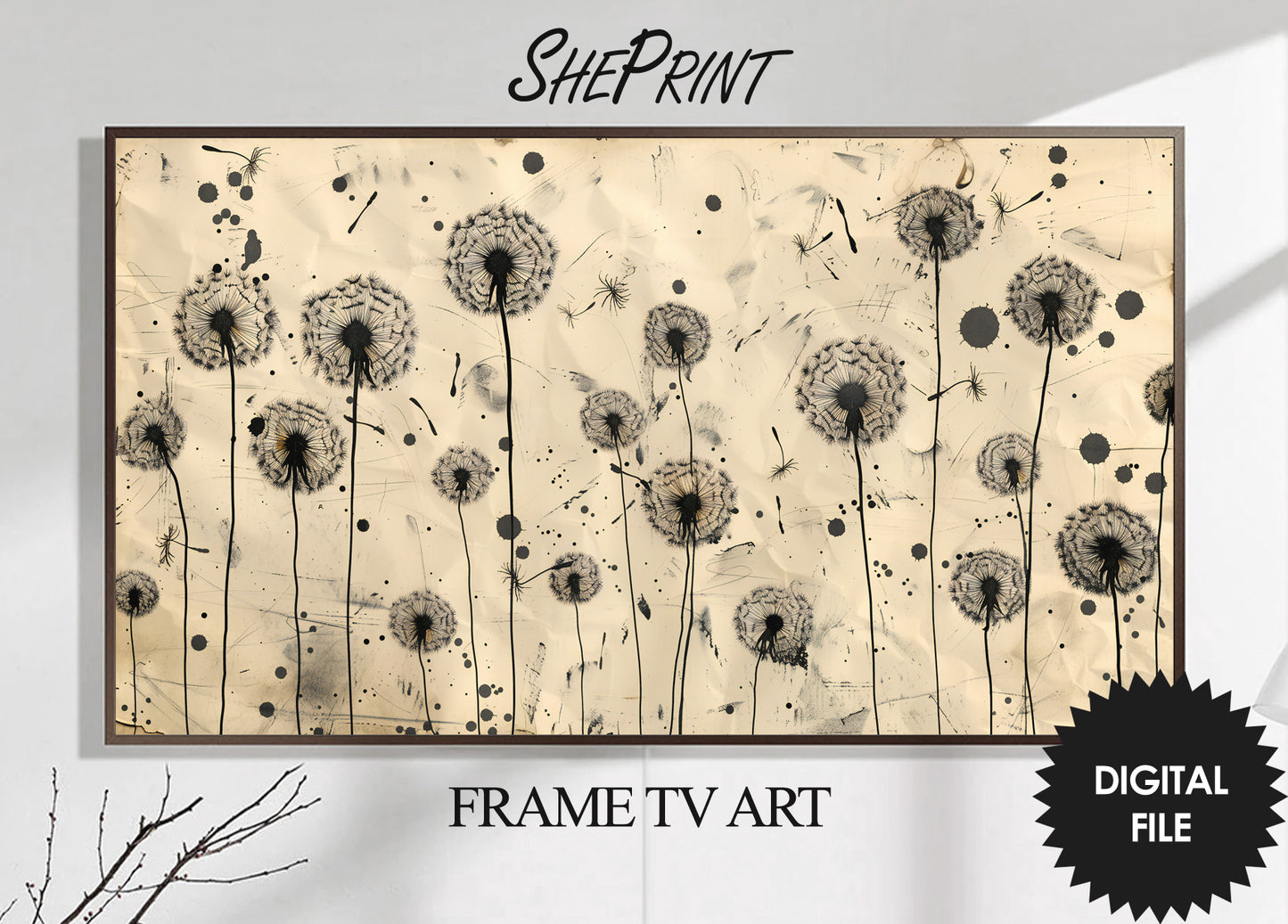 Frame TV Art Dandelions, Vintage Ink Drawing preview on wall