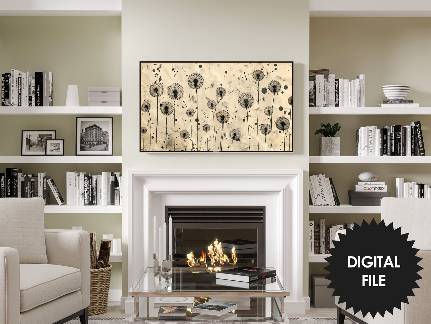 Frame TV Art Dandelions, Vintage Ink Drawing preview in modern living room