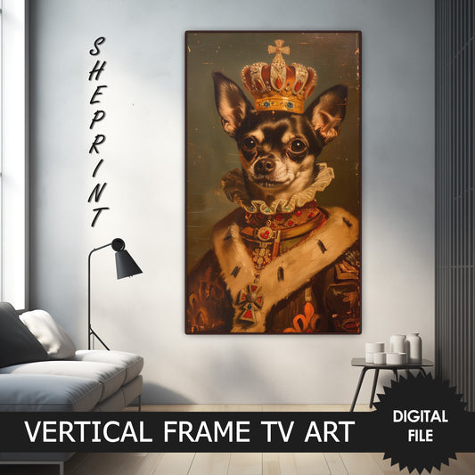 Vertical Frame TV Art | Vintage Chihuahua King Painting preview on Samsung Frame TV when mounted vertically