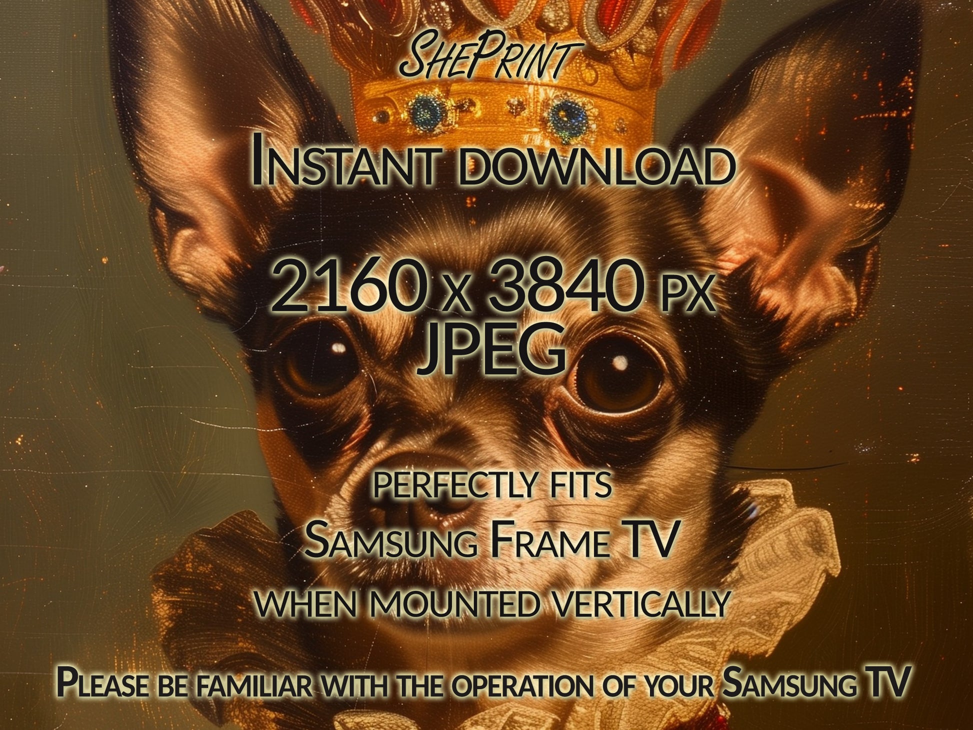 Vertical Frame TV Art | Vintage Chihuahua King Painting close up view