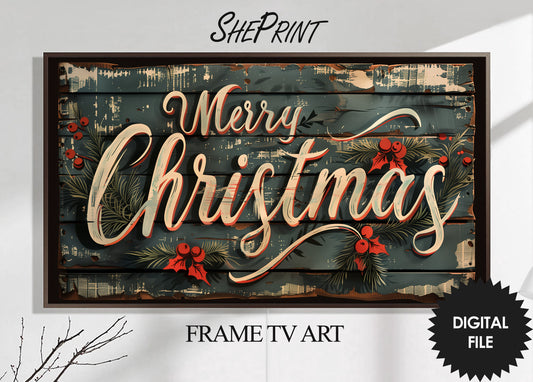 Samsung Frame TV Art Vintage Merry Christmas Sign preview on wall mounted tv