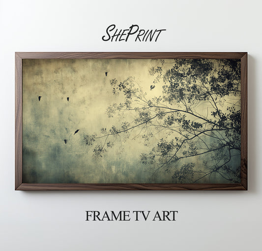 Wabi Sabi Frame TV Art – Moody Minimalist Tree & Birds Wall Art