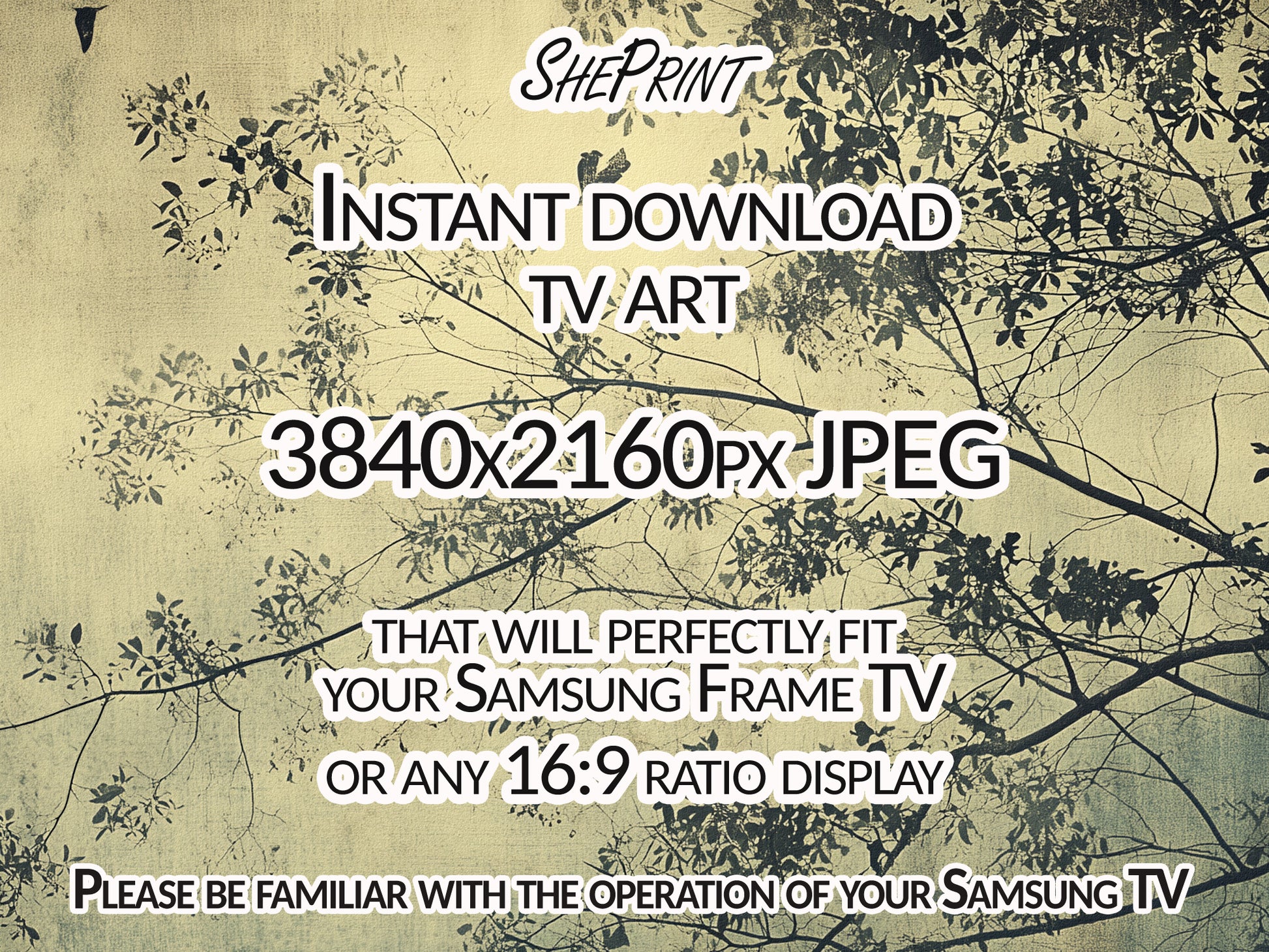 Wabi Sabi Frame TV Art – Moody Minimalist Tree & Birds Wall Art close up view