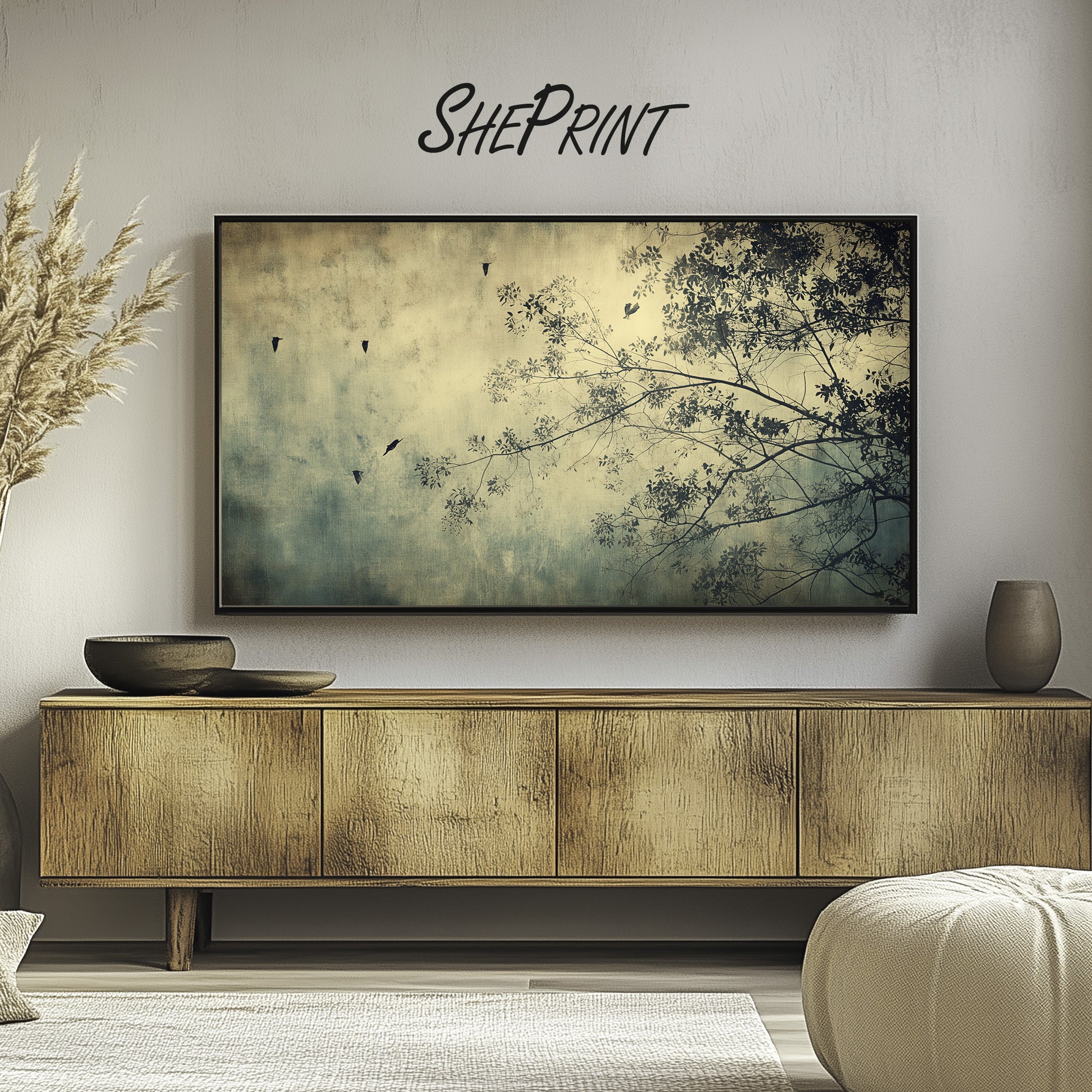Wabi Sabi Frame TV Art – Moody Minimalist Tree & Birds Wall Art preview