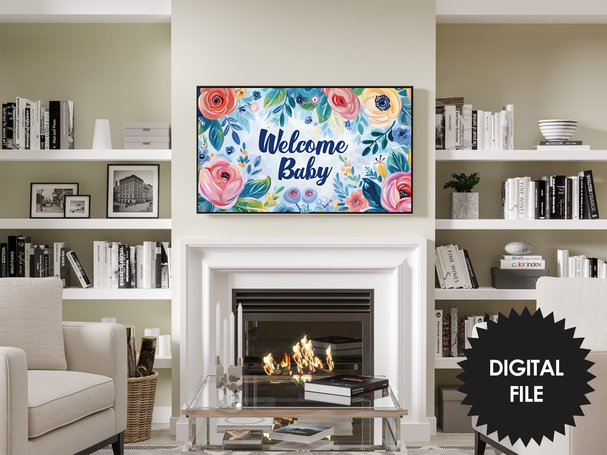 Baby Shower Frame TV Art | Welcome Baby TV Display | Gender Neutral Baby Shower Party Decor, preview on wall in modern living room